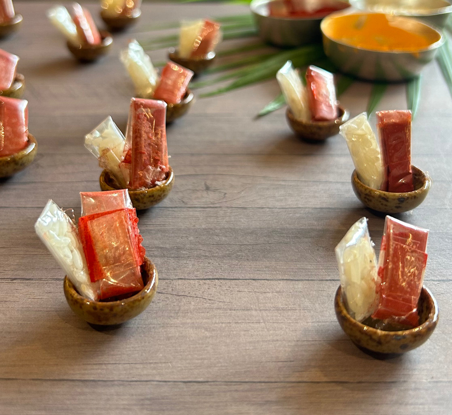 Roli and chawal in a ceramic bowl